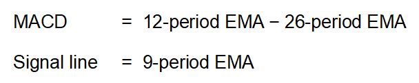Formula to calucalte the MACD and signal line with exponential moving averages.